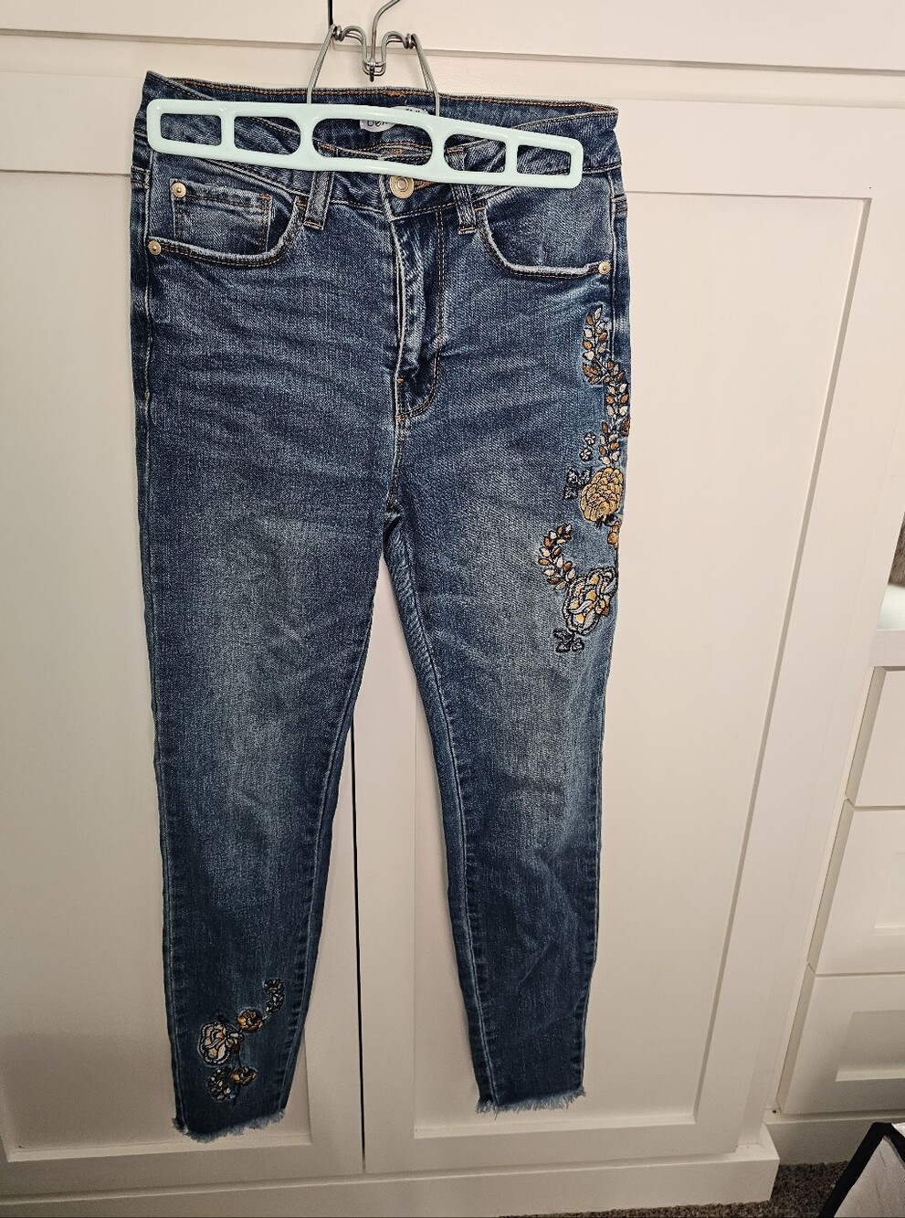 Dex Dark Blue Skinny Jeans with Yellow Floral Embroidery